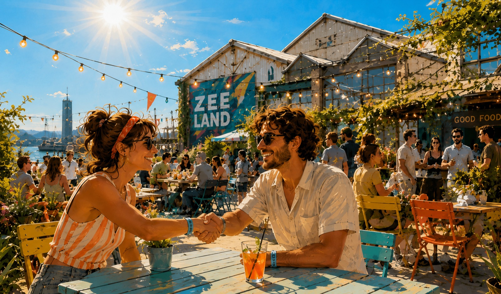 Zonnig Zeeuws havenfestival: mensen aan houten tafels die elkaar de hand schudden, lichtslingers, planten en good food.
